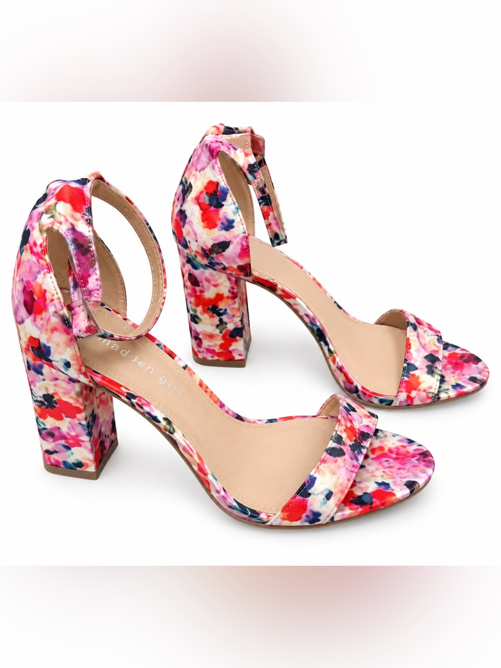 Pink multicolor floral chunky block heel ankle strap open toe statement shoe